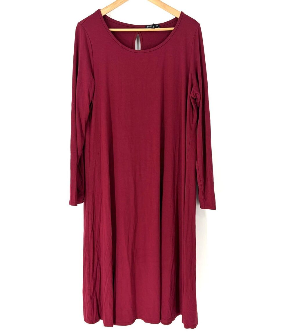 Eileen Fisher Dress Size XL Red Viscose Jersey Keyhole Back Midi Minimalist
